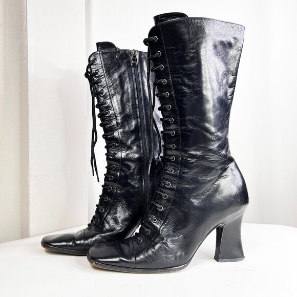 Vintage | Prada | Black Leather Lace Up Boots | Zipper Closure | Square Toe | 37 - Picture 1 of 14